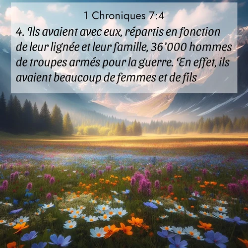 Segond21 1 Chroniques  ; image nature: image avec le verset biblique :Ils avaient avec eux, répartis en fonction de leur lignée et leur famille, 36&#039;000 hommes de troupes armés pour la guerre. En effet, ils avaient beaucoup de femmes et de fils. ;  ; 7:4