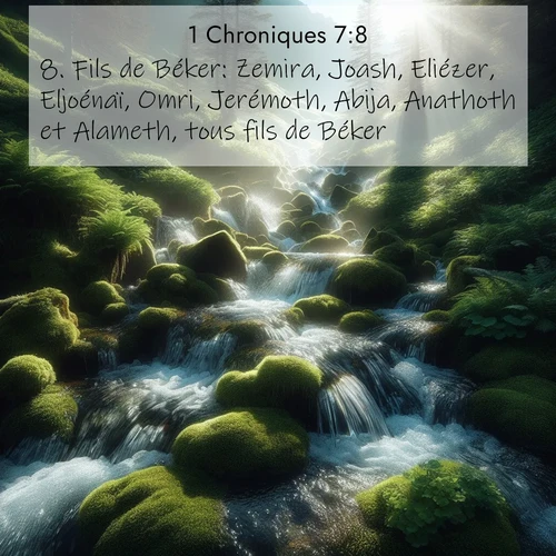 Segond21 1 Chroniques  ; image nature: image avec le verset biblique :Fils de Béker: Zemira, Joash, Eliézer, Eljoénaï, Omri, Jerémoth, Abija, Anathoth et Alameth, tous fils de Béker. ;  ; 7:8