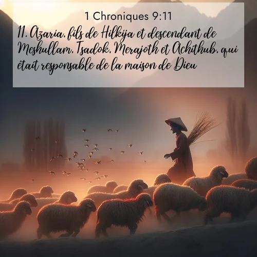 Segond21 1 Chroniques  ; image nature: image avec le verset biblique :Azaria, fils de Hilkija et descendant de Meshullam, Tsadok, Merajoth et Achithub, qui était responsable de la maison de Dieu, ;  ; 9:11