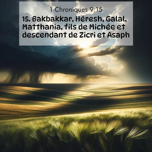 Segond21 1 Chroniques  ; image nature: image avec le verset biblique :Bakbakkar, Héresh, Galal, Matthania, fils de Michée et descendant de Zicri et Asaph, ;  ; 9:15