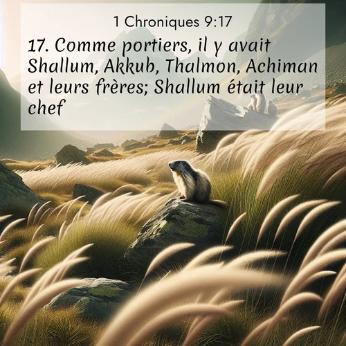 Segond21 1 Chroniques  ; image nature: image avec le verset biblique :Comme portiers, il y avait Shallum, Akkub, Thalmon, Achiman et leurs frères; Shallum était leur chef, ;  ; 9:17