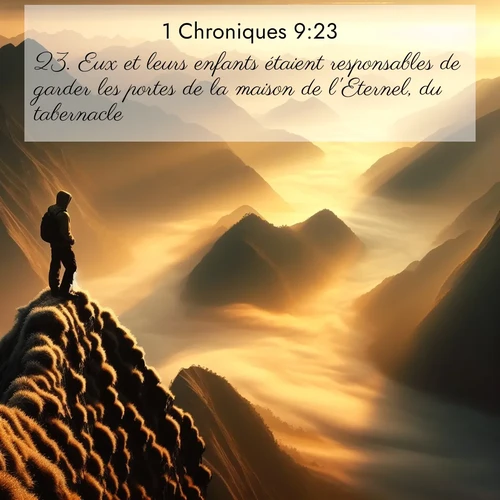 Segond21 1 Chroniques  ; image nature: image avec le verset biblique :Eux et leurs enfants étaient responsables de garder les portes de la maison de l&#039;Eternel, du tabernacle. ;  ; 9:23