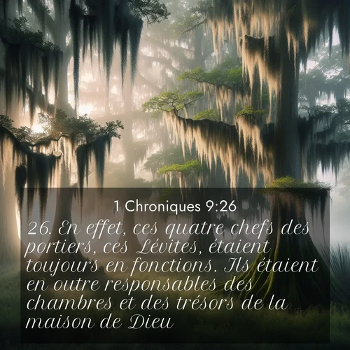 Segond21 1 Chroniques  ; image nature: image avec le verset biblique :En effet, ces quatre chefs des portiers, ces Lévites, étaient toujours en fonctions. Ils étaient en outre responsables des chambres et des trésors de la maison de Dieu. ;  ; 9:26