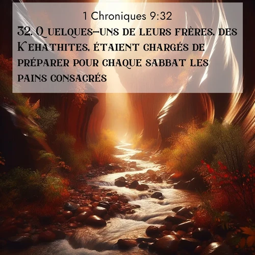 Segond21 1 Chroniques  ; image nature: image avec le verset biblique :Quelques-uns de leurs frères, des Kehathites, étaient chargés de préparer pour chaque sabbat les pains consacrés. ;  ; 9:32