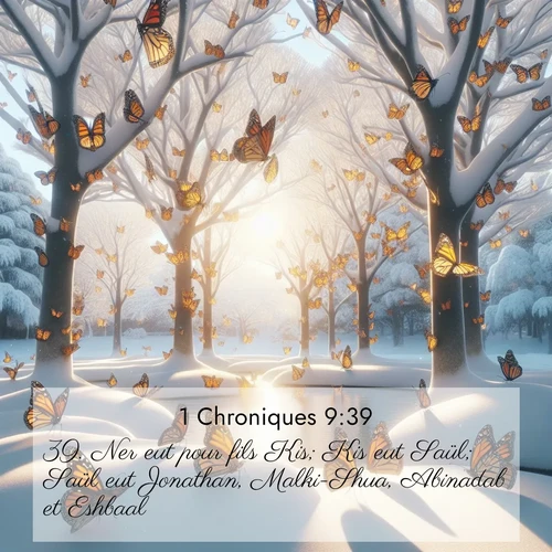 Segond21 1 Chroniques  ; image nature: image avec le verset biblique :Ner eut pour fils Kis; Kis eut Saül; Saül eut Jonathan, Malki-Shua, Abinadab et Eshbaal. ;  ; 9:39