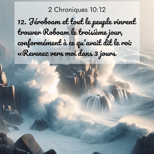 Segond21 2 Chroniques  ; image nature: image avec le verset biblique :Jéroboam et tout le peuple vinrent trouver Roboam le troisième jour, conformément à ce qu&#039;avait dit le roi: «Revenez vers moi dans 3 jours.» ;  ; 10:12