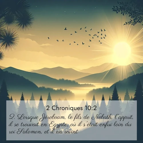 Segond21 2 Chroniques  ; image nature: image avec le verset biblique :Lorsque Jéroboam, le fils de Nebath, l&#039;apprit, il se trouvait en Egypte, où il s&#039;était enfui loin du roi Salomon, et il en revint. ;  ; 10:2