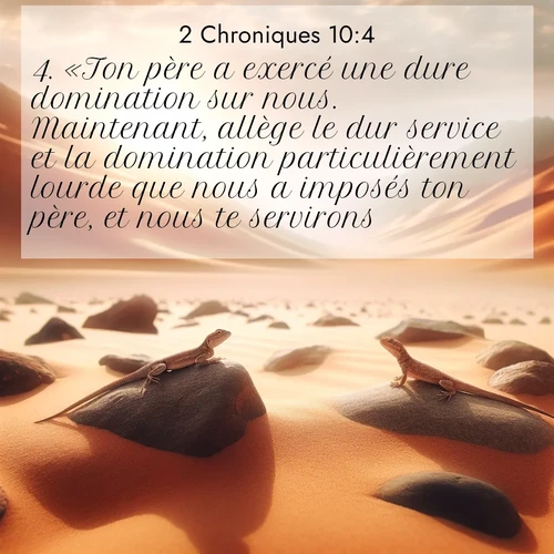 Segond21 2 Chroniques  ; image nature: image avec le verset biblique :«Ton père a exercé une dure domination sur nous. Maintenant, allège le dur service et la domination particulièrement lourde que nous a imposés ton père, et nous te servirons.» ;  ; 10:4