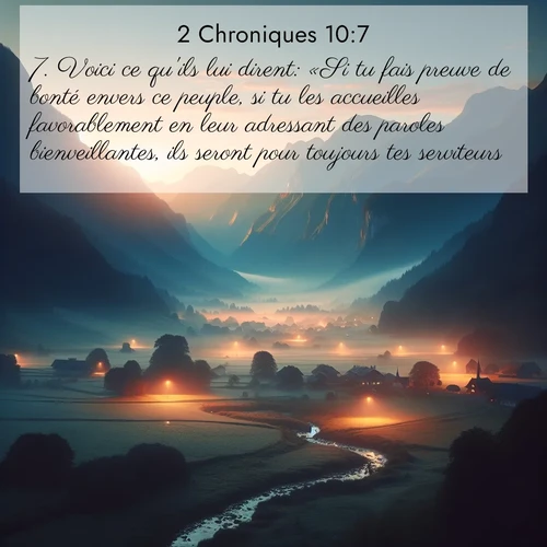 Segond21 2 Chroniques  ; image nature: image avec le verset biblique :Voici ce qu&#039;ils lui dirent: «Si tu fais preuve de bonté envers ce peuple, si tu les accueilles favorablement en leur adressant des paroles bienveillantes, ils seront pour toujours tes serviteurs.» ;  ; 10:7