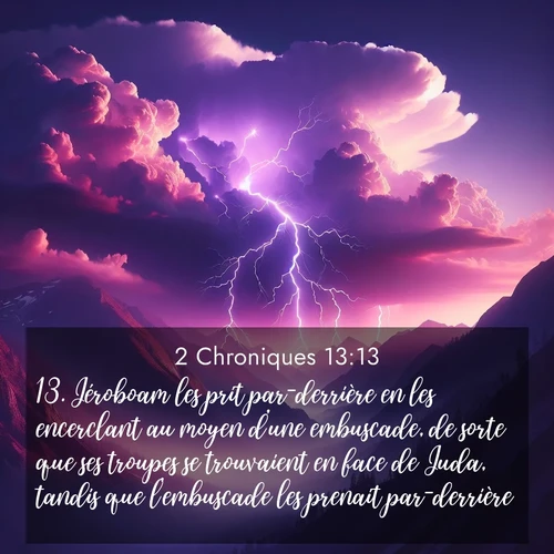 Segond21 2 Chroniques  ; image nature: image avec le verset biblique :Jéroboam les prit par-derrière en les encerclant au moyen d&#039;une embuscade, de sorte que ses troupes se trouvaient en face de Juda, tandis que l&#039;embuscade les prenait par-derrière. ;  ; 13:13