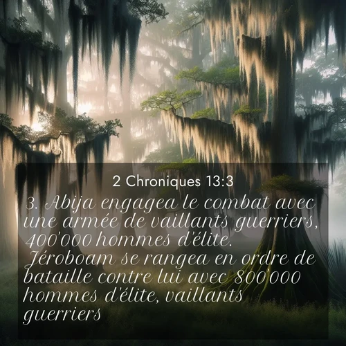 Segond21 2 Chroniques  ; image nature: image avec le verset biblique :Abija engagea le combat avec une armée de vaillants guerriers, 400&#039;000 hommes d&#039;élite. Jéroboam se rangea en ordre de bataille contre lui avec 800&#039;000 hommes d&#039;élite, vaillants guerriers. ;  ; 13:3