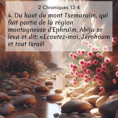 Segond21 2 Chroniques  ; image nature: image avec le verset biblique :Du haut du mont Tsemaraïm, qui fait partie de la région montagneuse d&#039;Ephraïm, Abija se leva et dit: «Ecoutez-moi, Jéroboam et tout Israël! ;  ; 13:4