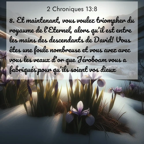 Segond21 2 Chroniques  ; image nature: image avec le verset biblique :Et maintenant, vous voulez triompher du royaume de l&#039;Eternel, alors qu&#039;il est entre les mains des descendants de David! Vous êtes une foule nombreuse et vous avez avec vous les veaux d&#039;or que Jéroboam vous a fabriqués pour qu&#039;ils soient vos dieux. ;  ; 13:8