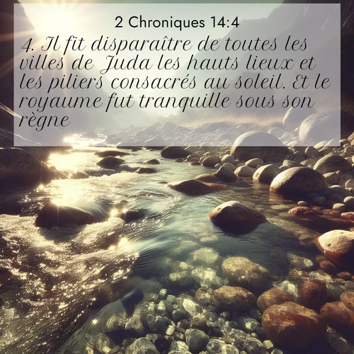 Segond21 2 Chroniques  ; image nature: image avec le verset biblique :Il fit disparaître de toutes les villes de Juda les hauts lieux et les piliers consacrés au soleil. Et le royaume fut tranquille sous son règne. ;  ; 14:4