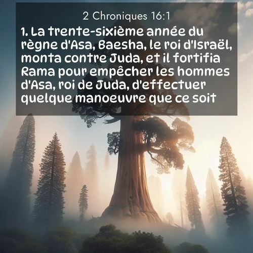 Segond21 2 Chroniques  ; image nature: image avec le verset biblique :La trente-sixième année du règne d&#039;Asa, Baesha, le roi d&#039;Israël, monta contre Juda, et il fortifia Rama pour empêcher les hommes d&#039;Asa, roi de Juda, d&#039;effectuer quelque manoeuvre que ce soit. ;  ; 16:1