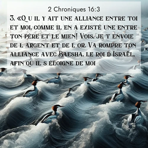 Segond21 2 Chroniques  ; image nature: image avec le verset biblique :«Qu&#039;il y ait une alliance entre toi et moi, comme il en a existé une entre ton père et le mien! Vois, je t&#039;envoie de l&#039;argent et de l&#039;or. Va rompre ton alliance avec Baesha, le roi d&#039;Israël, afin qu&#039;il s&#039;éloigne de moi.» ;  ; 16:3