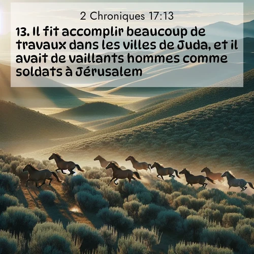 Segond21 2 Chroniques  ; image nature: image avec le verset biblique :Il fit accomplir beaucoup de travaux dans les villes de Juda, et il avait de vaillants hommes comme soldats à Jérusalem. ;  ; 17:13