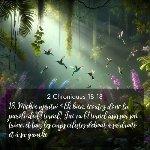 Segond21 2 Chroniques  ; image nature: image avec le verset biblique :Michée ajouta: «Eh bien, écoutez donc la parole de l&#039;Eternel! J&#039;ai vu l&#039;Eternel assis sur son trône, et tous les corps célestes debout à sa droite et à sa gauche. ;  ; 18:18