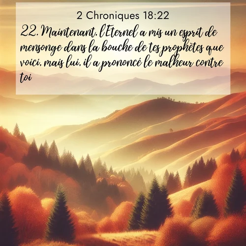 Segond21 2 Chroniques  ; image nature: image avec le verset biblique :Maintenant, l&#039;Eternel a mis un esprit de mensonge dans la bouche de tes prophètes que voici, mais lui, il a prononcé le malheur contre toi.» ;  ; 18:22