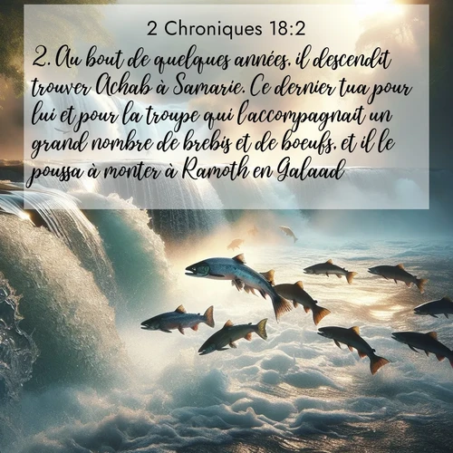 Segond21 2 Chroniques  ; image nature: image avec le verset biblique :Au bout de quelques années, il descendit trouver Achab à Samarie. Ce dernier tua pour lui et pour la troupe qui l&#039;accompagnait un grand nombre de brebis et de boeufs, et il le poussa à monter à Ramoth en Galaad. ;  ; 18:2
