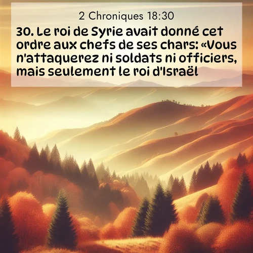Segond21 2 Chroniques  ; image nature: image avec le verset biblique :Le roi de Syrie avait donné cet ordre aux chefs de ses chars: «Vous n&#039;attaquerez ni soldats ni officiers, mais seulement le roi d&#039;Israël.» ;  ; 18:30