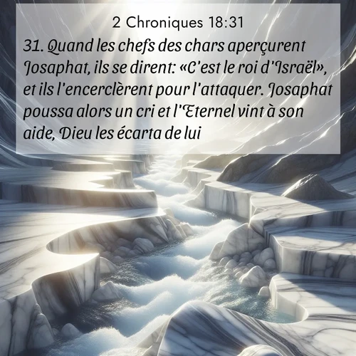 Segond21 2 Chroniques  ; image nature: image avec le verset biblique :Quand les chefs des chars aperçurent Josaphat, ils se dirent: «C&#039;est le roi d&#039;Israël», et ils l&#039;encerclèrent pour l&#039;attaquer. Josaphat poussa alors un cri et l&#039;Eternel vint à son aide, Dieu les écarta de lui. ;  ; 18:31