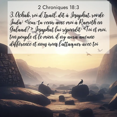 Segond21 2 Chroniques  ; image nature: image avec le verset biblique :Achab, roi d&#039;Israël, dit à Josaphat, roi de Juda: «Veux-tu venir avec moi à Ramoth en Galaad?» Josaphat lui répondit: «Toi et moi, ton peuple et le mien, il n&#039;y aura aucune différence et nous irons l&#039;attaquer avec toi.» ;  ; 18:3