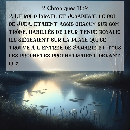Segond21 2 Chroniques  ; image nature: image avec le verset biblique :Le roi d&#039;Israël et Josaphat, le roi de Juda, étaient assis chacun sur son trône, habillés de leur tenue royale; ils siégeaient sur la place qui se trouve à l&#039;entrée de Samarie et tous les prophètes prophétisaient devant eux. ;  ; 18:9