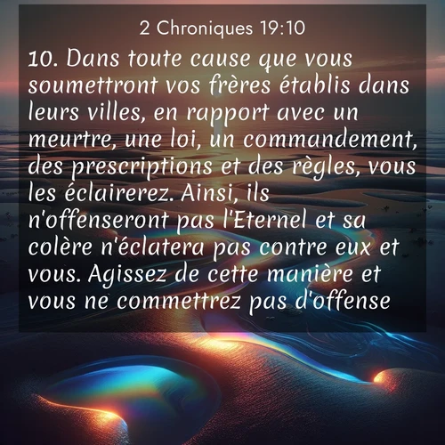 Segond21 2 Chroniques  ; image nature: image avec le verset biblique :Dans toute cause que vous soumettront vos frères établis dans leurs villes, en rapport avec un meurtre, une loi, un commandement, des prescriptions et des règles, vous les éclairerez. Ainsi, ils n&#039;offenseront pas l&#039;Eternel et sa colère n&#039;éclatera pas contre eux et vous. Agissez de cette manière et vous ne commettrez pas d&#039;offense. ;  ; 19:10