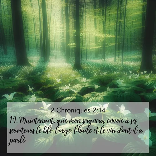Segond21 2 Chroniques  ; image nature: image avec le verset biblique :Maintenant, que mon seigneur envoie à ses serviteurs le blé, l&#039;orge, l&#039;huile et le vin dont il a parlé. ;  ; 2:14