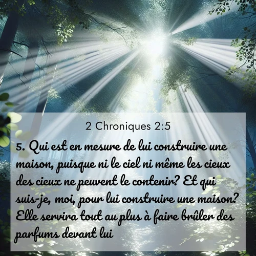 Segond21 2 Chroniques  ; image nature: image avec le verset biblique :Qui est en mesure de lui construire une maison, puisque ni le ciel ni même les cieux des cieux ne peuvent le contenir? Et qui suis-je, moi, pour lui construire une maison? Elle servira tout au plus à faire brûler des parfums devant lui! ;  ; 2:5