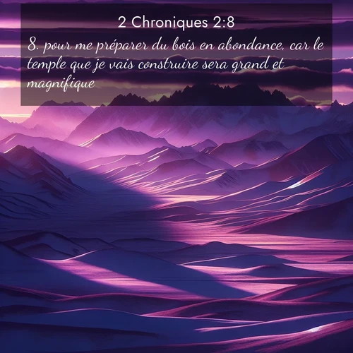 Segond21 2 Chroniques  ; image nature: image avec le verset biblique :pour me préparer du bois en abondance, car le temple que je vais construire sera grand et magnifique. ;  ; 2:8