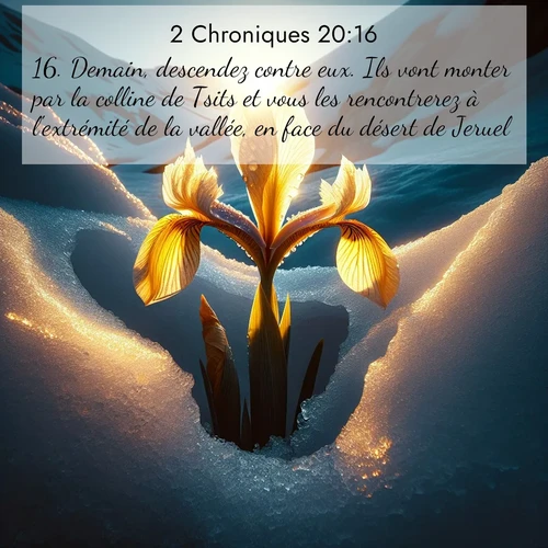 Segond21 2 Chroniques  ; image nature: image avec le verset biblique :Demain, descendez contre eux. Ils vont monter par la colline de Tsits et vous les rencontrerez à l&#039;extrémité de la vallée, en face du désert de Jeruel. ;  ; 20:16