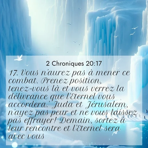 Segond21 2 Chroniques  ; image nature: image avec le verset biblique :Vous n&#039;aurez pas à mener ce combat. Prenez position, tenez-vous là et vous verrez la délivrance que l&#039;Eternel vous accordera.&#039; Juda et Jérusalem, n&#039;ayez pas peur et ne vous laissez pas effrayer! Demain, sortez à leur rencontre et l&#039;Eternel sera avec vous.» ;  ; 20:17
