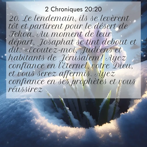 Segond21 2 Chroniques  ; image nature: image avec le verset biblique :Le lendemain, ils se levèrent tôt et partirent pour le désert de Tekoa. Au moment de leur départ, Josaphat se tint debout et dit: «Ecoutez-moi, Judéens et habitants de Jérusalem! Ayez confiance en l&#039;Eternel, votre Dieu, et vous serez affermis. Ayez confiance en ses prophètes et vous réussirez.» ;  ; 20:20
