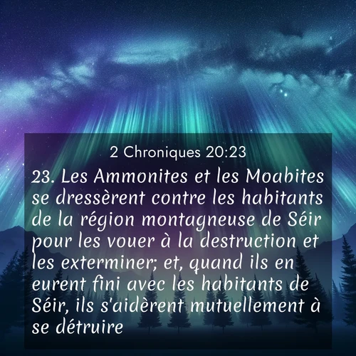 Segond21 2 Chroniques  ; image nature: image avec le verset biblique :Les Ammonites et les Moabites se dressèrent contre les habitants de la région montagneuse de Séir pour les vouer à la destruction et les exterminer; et, quand ils en eurent fini avec les habitants de Séir, ils s&#039;aidèrent mutuellement à se détruire. ;  ; 20:23