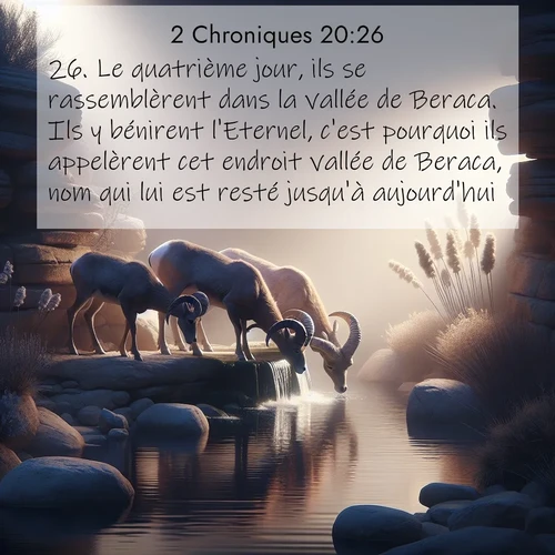 Segond21 2 Chroniques  ; image nature: image avec le verset biblique :Le quatrième jour, ils se rassemblèrent dans la vallée de Beraca. Ils y bénirent l&#039;Eternel, c&#039;est pourquoi ils appelèrent cet endroit vallée de Beraca, nom qui lui est resté jusqu&#039;à aujourd&#039;hui. ;  ; 20:26