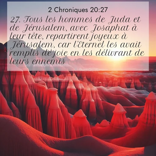 Segond21 2 Chroniques  ; image nature: image avec le verset biblique :Tous les hommes de Juda et de Jérusalem, avec Josaphat à leur tête, repartirent joyeux à Jérusalem, car l&#039;Eternel les avait remplis de joie en les délivrant de leurs ennemis. ;  ; 20:27