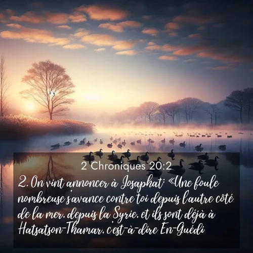 Segond21 2 Chroniques  ; image nature: image avec le verset biblique :On vint annoncer à Josaphat: «Une foule nombreuse s&#039;avance contre toi depuis l&#039;autre côté de la mer, depuis la Syrie, et ils sont déjà à Hatsatson-Thamar, c&#039;est-à-dire En-Guédi.» ;  ; 20:2