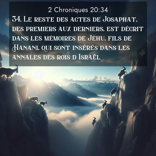 Segond21 2 Chroniques  ; image nature: image avec le verset biblique :Le reste des actes de Josaphat, des premiers aux derniers, est décrit dans les mémoires de Jéhu, fils de Hanani, qui sont insérés dans les annales des rois d&#039;Israël. ;  ; 20:34