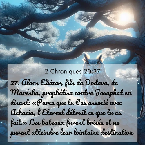 Segond21 2 Chroniques  ; image nature: image avec le verset biblique :Alors Eliézer, fils de Dodava, de Marésha, prophétisa contre Josaphat en disant: «Parce que tu t&#039;es associé avec Achazia, l&#039;Eternel détruit ce que tu as fait.» Les bateaux furent brisés et ne purent atteindre leur lointaine destination. ;  ; 20:37