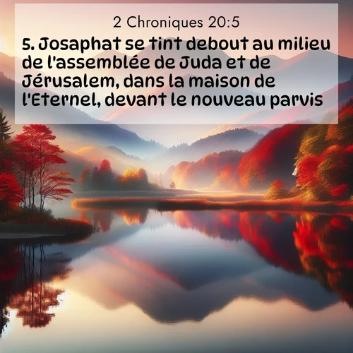 Segond21 2 Chroniques  ; image nature: image avec le verset biblique :Josaphat se tint debout au milieu de l&#039;assemblée de Juda et de Jérusalem, dans la maison de l&#039;Eternel, devant le nouveau parvis, ;  ; 20:5
