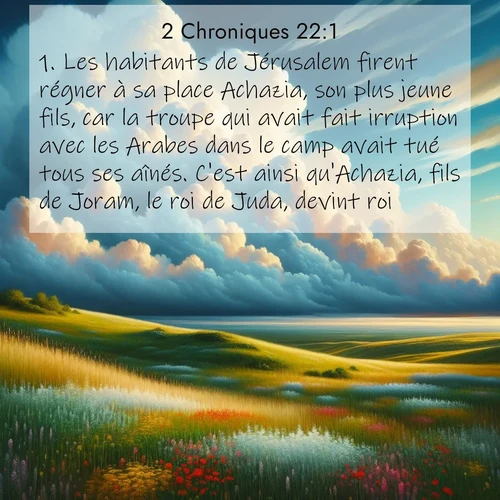 Segond21 2 Chroniques  ; image nature: image avec le verset biblique :Les habitants de Jérusalem firent régner à sa place Achazia, son plus jeune fils, car la troupe qui avait fait irruption avec les Arabes dans le camp avait tué tous ses aînés. C&#039;est ainsi qu&#039;Achazia, fils de Joram, le roi de Juda, devint roi. ;  ; 22:1