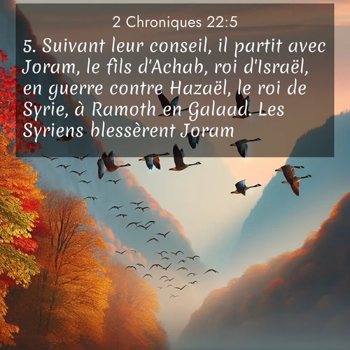 Segond21 2 Chroniques  ; image nature: image avec le verset biblique :Suivant leur conseil, il partit avec Joram, le fils d&#039;Achab, roi d&#039;Israël, en guerre contre Hazaël, le roi de Syrie, à Ramoth en Galaad. Les Syriens blessèrent Joram. ;  ; 22:5