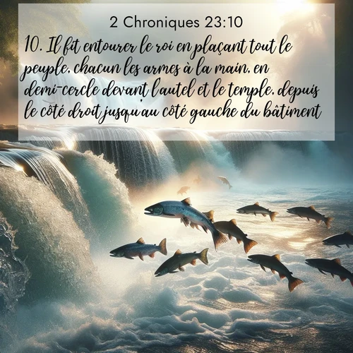 Segond21 2 Chroniques  ; image nature: image avec le verset biblique :Il fit entourer le roi en plaçant tout le peuple, chacun les armes à la main, en demi-cercle devant l&#039;autel et le temple, depuis le côté droit jusqu&#039;au côté gauche du bâtiment. ;  ; 23:10