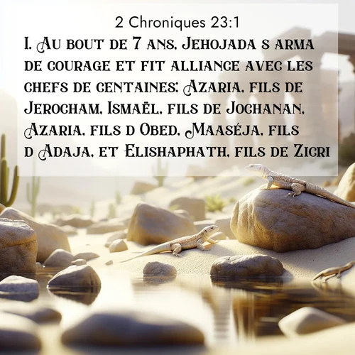 Segond21 2 Chroniques  ; image nature: image avec le verset biblique :Au bout de 7 ans, Jehojada s&#039;arma de courage et fit alliance avec les chefs de centaines: Azaria, fils de Jerocham, Ismaël, fils de Jochanan, Azaria, fils d&#039;Obed, Maaséja, fils d&#039;Adaja, et Elishaphath, fils de Zicri. ;  ; 23:1