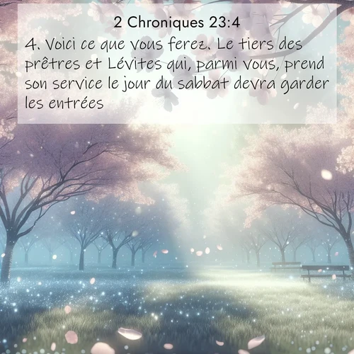 Segond21 2 Chroniques  ; image nature: image avec le verset biblique :Voici ce que vous ferez. Le tiers des prêtres et Lévites qui, parmi vous, prend son service le jour du sabbat devra garder les entrées, ;  ; 23:4
