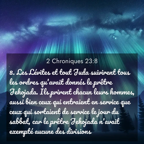 Segond21 2 Chroniques  ; image nature: image avec le verset biblique :Les Lévites et tout Juda suivirent tous les ordres qu&#039;avait donnés le prêtre Jehojada. Ils prirent chacun leurs hommes, aussi bien ceux qui entraient en service que ceux qui sortaient de service le jour du sabbat, car le prêtre Jehojada n&#039;avait exempté aucune des divisions. ;  ; 23:8