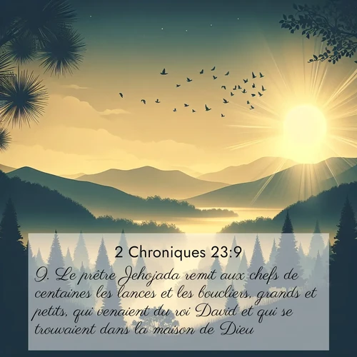 Segond21 2 Chroniques  ; image nature: image avec le verset biblique :Le prêtre Jehojada remit aux chefs de centaines les lances et les boucliers, grands et petits, qui venaient du roi David et qui se trouvaient dans la maison de Dieu. ;  ; 23:9