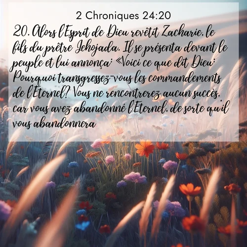 Segond21 2 Chroniques  ; image nature: image avec le verset biblique :Alors l&#039;Esprit de Dieu revêtit Zacharie, le fils du prêtre Jehojada. Il se présenta devant le peuple et lui annonça: «Voici ce que dit Dieu: Pourquoi transgressez-vous les commandements de l&#039;Eternel? Vous ne rencontrerez aucun succès, car vous avez abandonné l&#039;Eternel, de sorte qu&#039;il vous abandonnera.» ;  ; 24:20